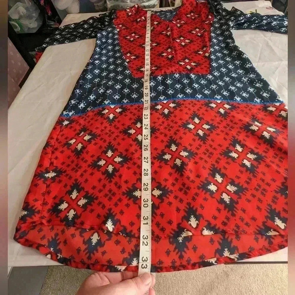 Collective Concepts Women Blue/ Red  3/4 Sleeves V Neck Casual Dress Size Small - Picture 10 of 11